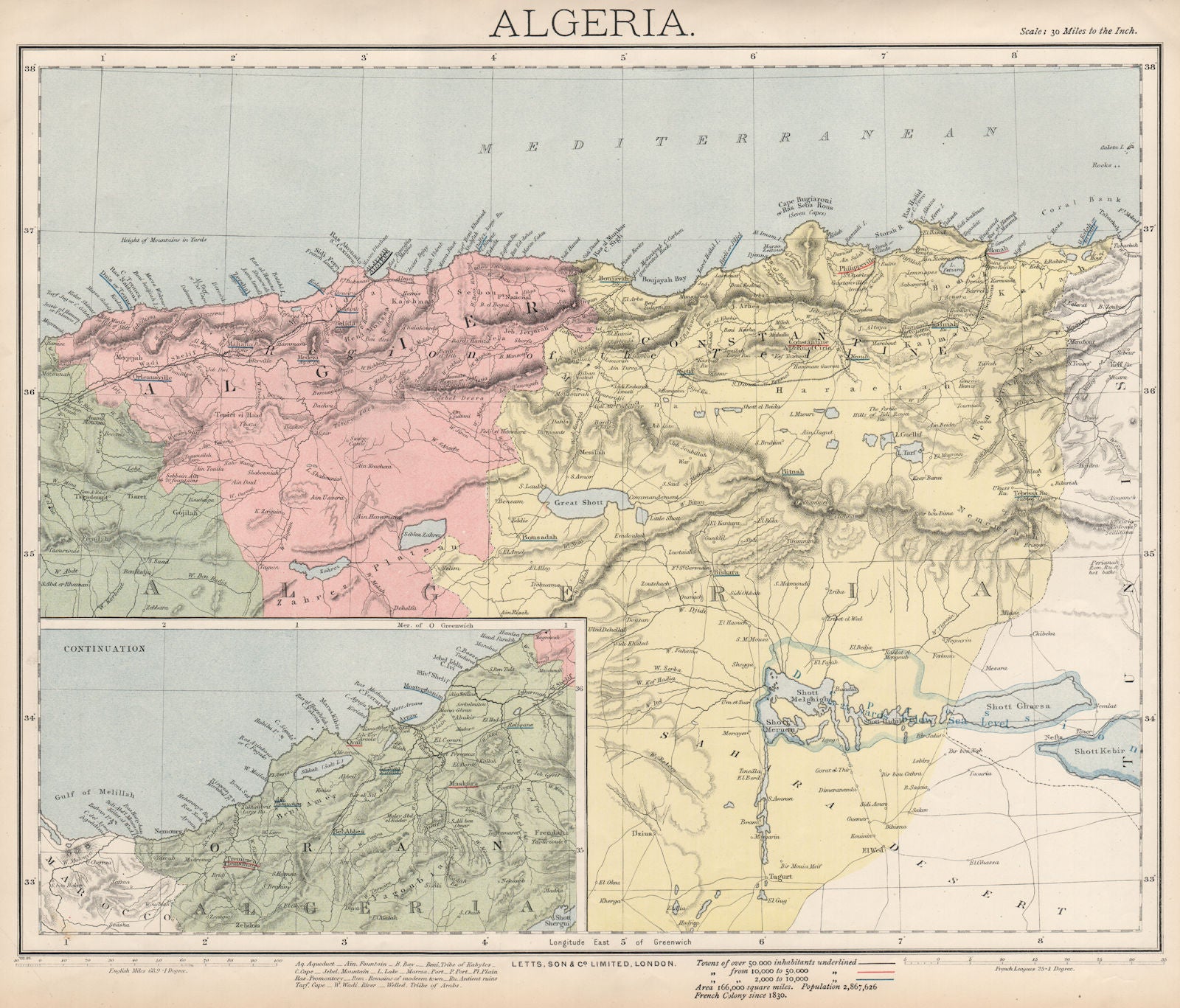 ALGERIA. North Africa. Algier Algiers Oran Constantine. LETTS 1889 old map